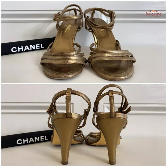 Authentic CHANEL Gold Metallic Leather CC Logo Ankle Strap High Heel Pumps 36.5 - Picture 7 of 13